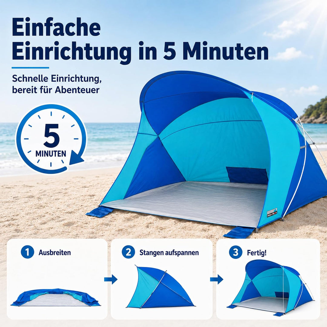 High Peak Strandmuschel mit UPF 40+, Windschutz und PU-2000-mm-Bodenplane | 200 x 150 x 130 cm für 2