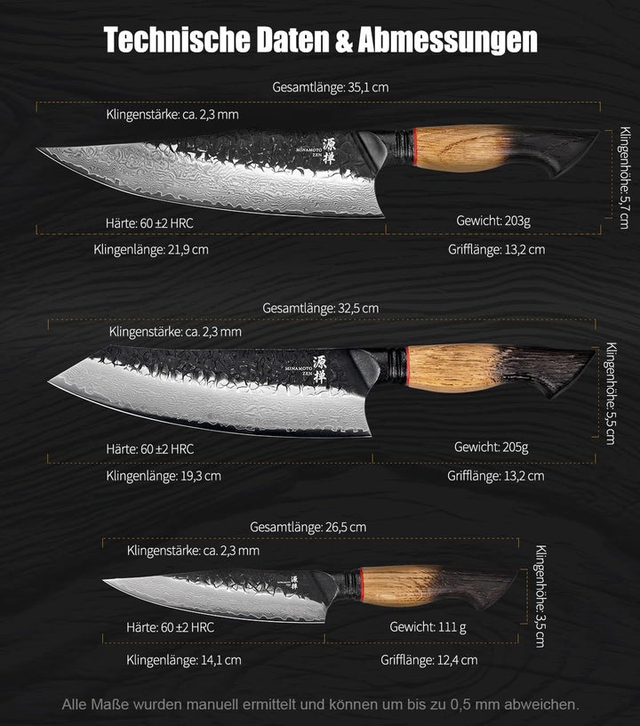 Okami Damastmesser Set (3-teilig) – Echter 67-Lagen-Damaststahl aus VG10 – Japanische Premium-Schmie