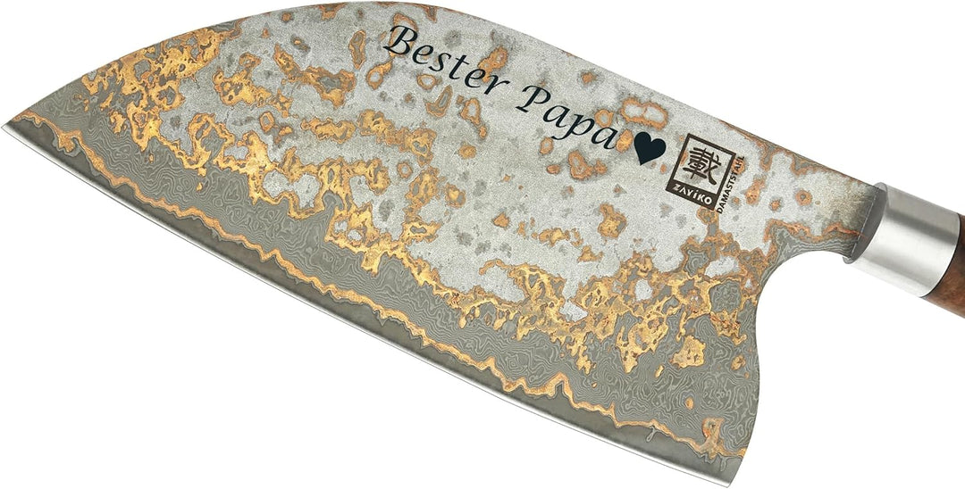 zayiko MysticMagma Damastmesser Chai Dao mit Gravur I mit 20,5 cm Klinge gefertigt aus 67 Lagen Dama