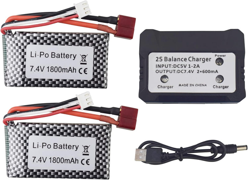 2PCS 7.4V 1800mAh Lipoakku mit 2 in 1 Ladegerät für WLTOYS A959-B A969-B A979-B K929-B 144001 Hochge