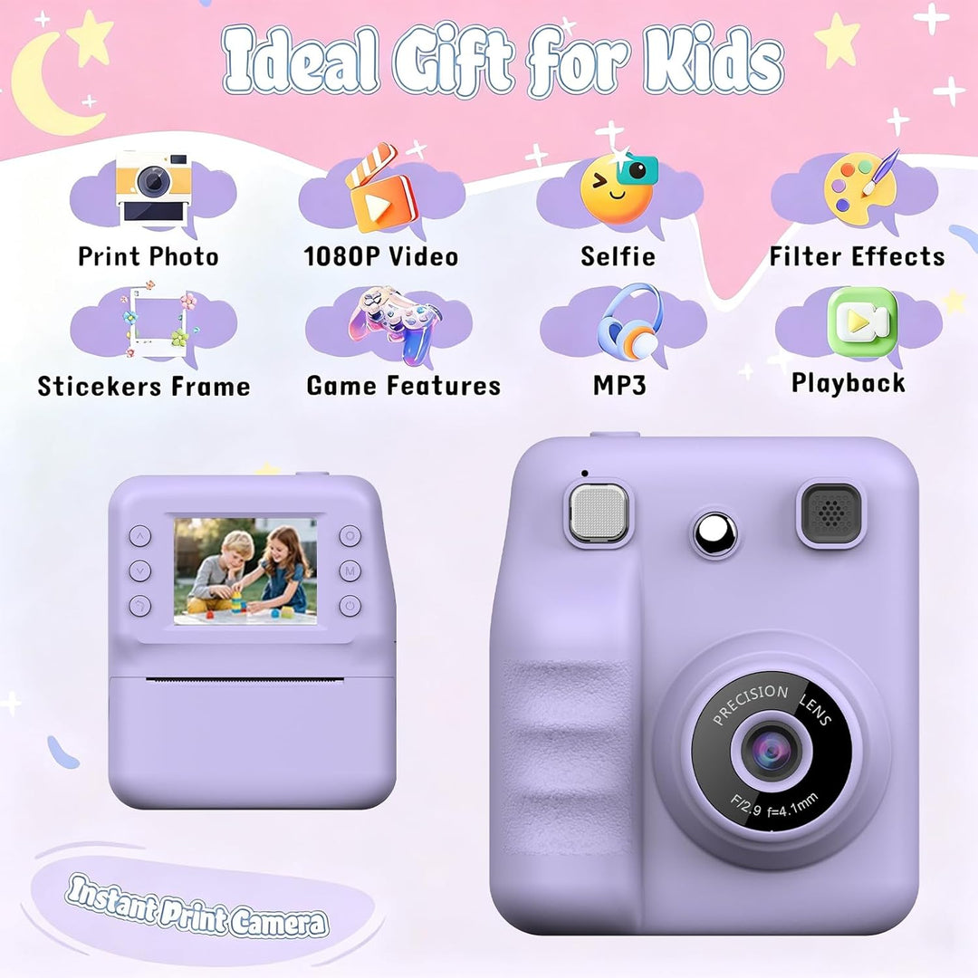 Kinderkamera Sofortbildkamera, 48MP Sofortbildkamera Kinder mit 32GB Karte & Druckpapier, 1080P Digi