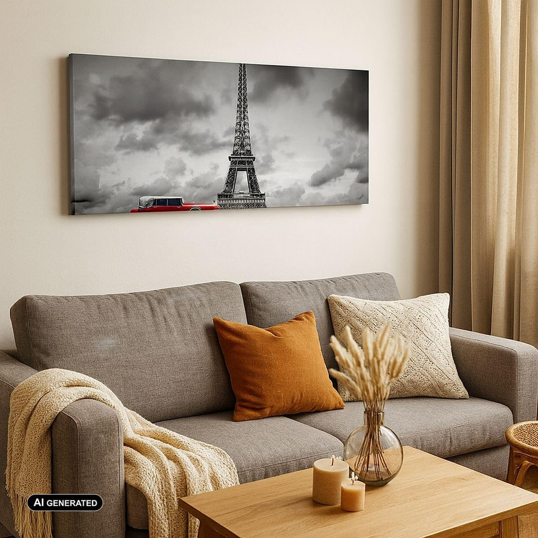 Panorama Bilder auf Leinwand Auto Eiffle Paris Stadt Leinwandbild 90x30cm Wandbilder Dekoration Wohn