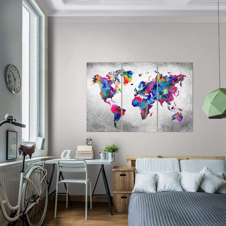 Runa Art Wandbilder Weltkarte Bild XXL Büro Wohnzimmer Bunt Vintage Kontinente 120 x 80 cm 3 Teilig