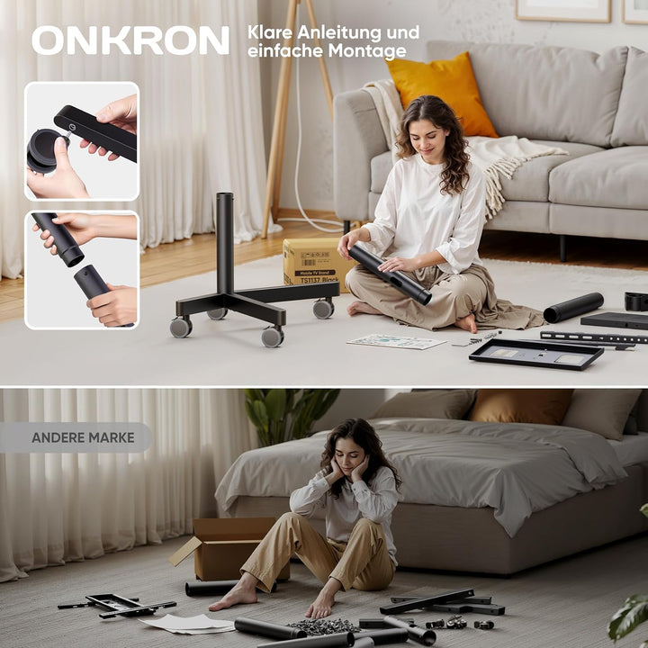 ONKRON Mobiler TV Ständer rollbar für 23-60 Zoll Bildschirme bis zu 40 kg - TV Standfuss höhenverste
