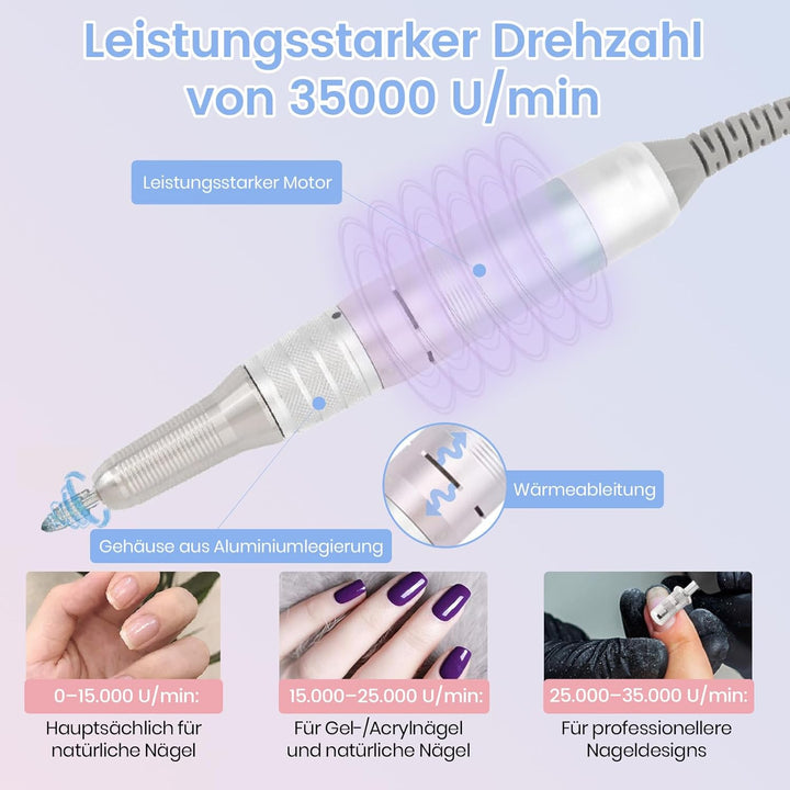 Delanie Elektrische Nagelfräser 35000 U/min, Wiederaufladbare Fräser für gelnägel Nagellack, Manikür
