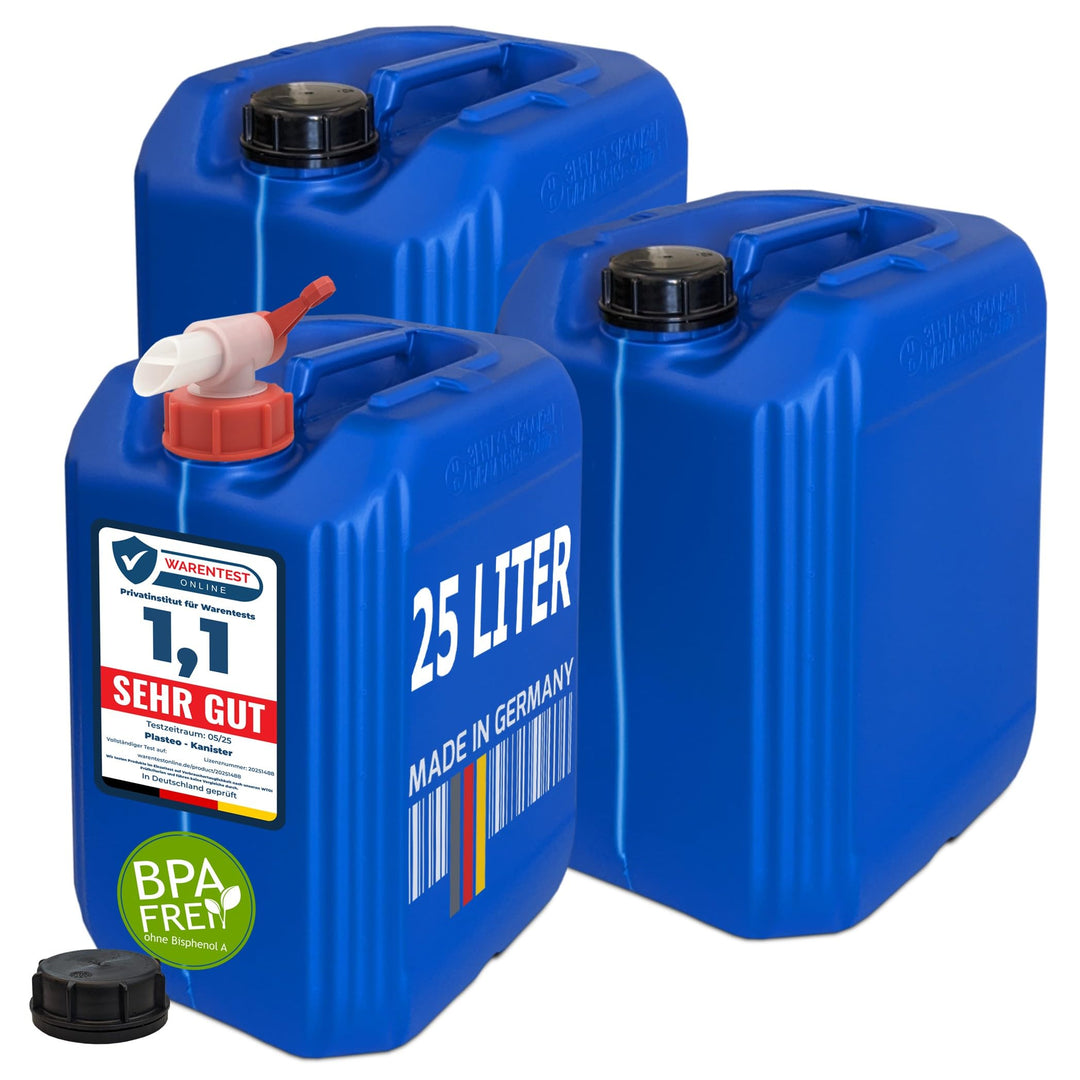 plasteo® 3x 25 Liter Getränke Wasserkanister mit 1 Hahn und 3 Schraubdeckel (DIN 61) | Lebensmittele