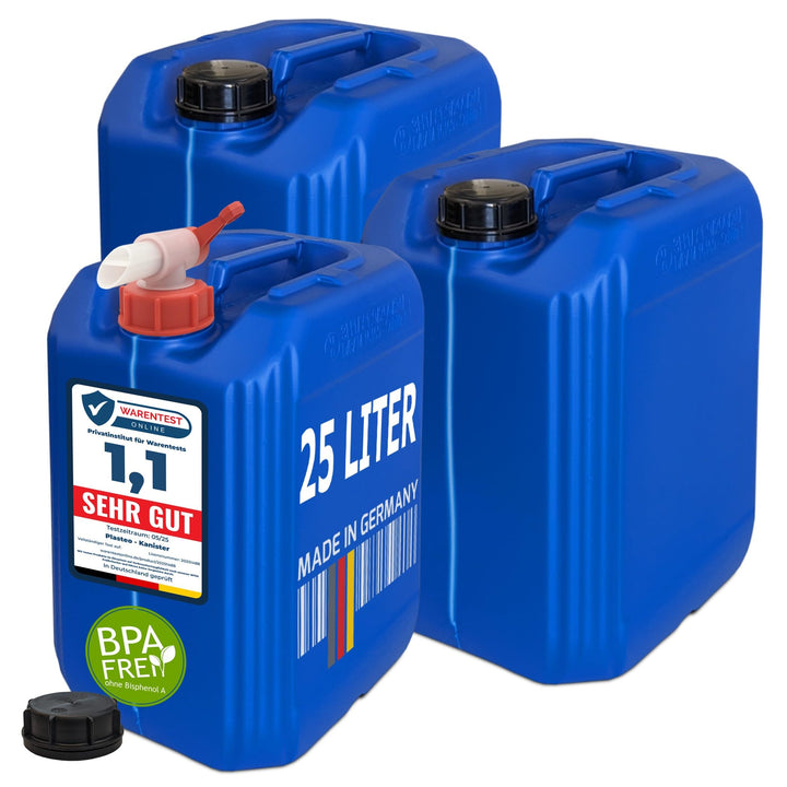 plasteo® 3x 25 Liter Getränke Wasserkanister mit 1 Hahn und 3 Schraubdeckel (DIN 61) | Lebensmittele