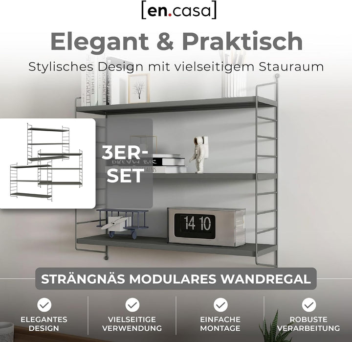 [en.casa] Modulares Wandregal Strängnäs 3er Set Metallregal Anthrazitgrau Hängeregal mit 3 Regalböde