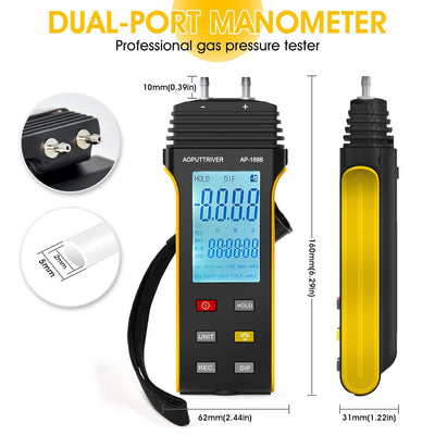 Manometer, AOPUTTRIVER AP-189B Professionelles Gasdruckmessgerät, Luftdruckmessgerät mit zwei Anschl