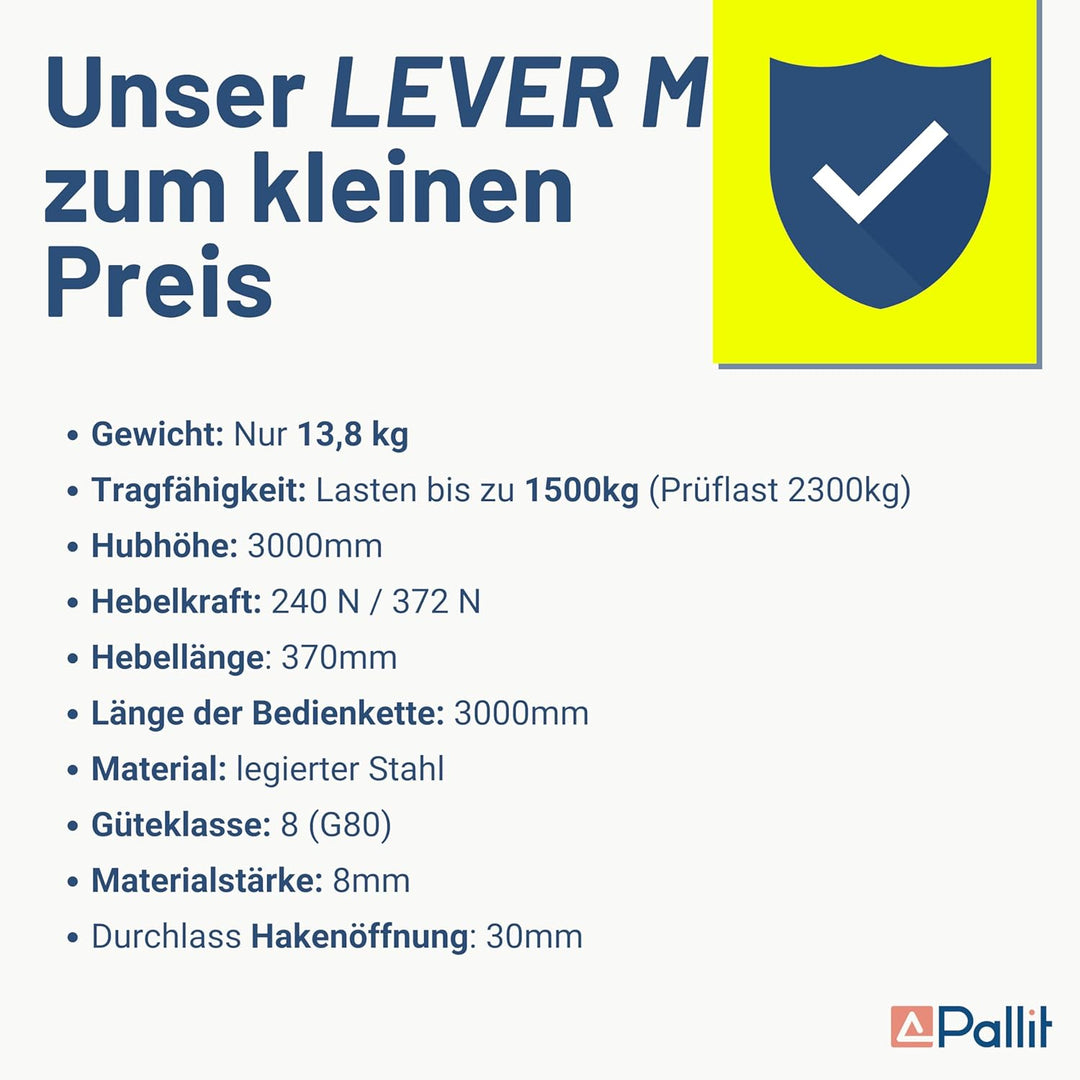Pallit Hebelzug LEVER-M | 1500 kg Tragkraft | 3 m Kettenlänge | strapazierfähige Lastbremse | Freila