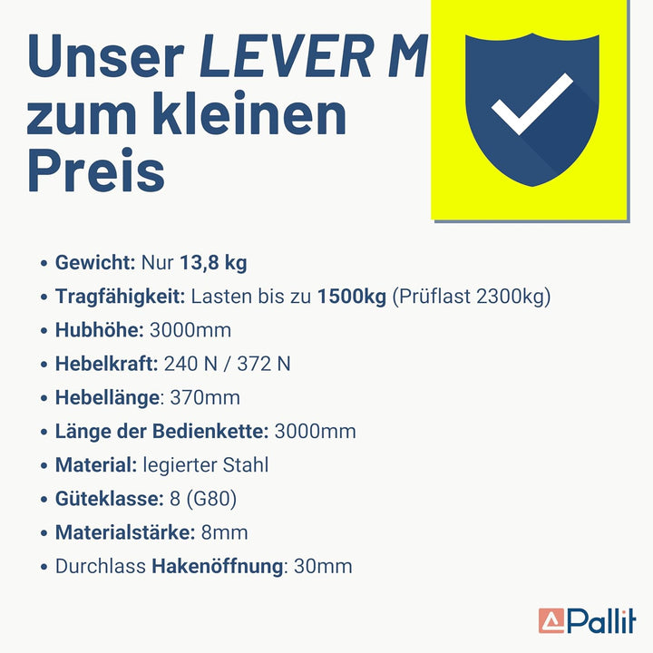 Pallit Hebelzug LEVER-M | 1500 kg Tragkraft | 3 m Kettenlänge | strapazierfähige Lastbremse | Freila