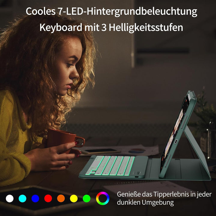 Hülle mit Tastatur für iPad A16 11/10 Generation (2025/2022, 11/10.9 Zoll)- 7 Farben Beleuchtete Mag