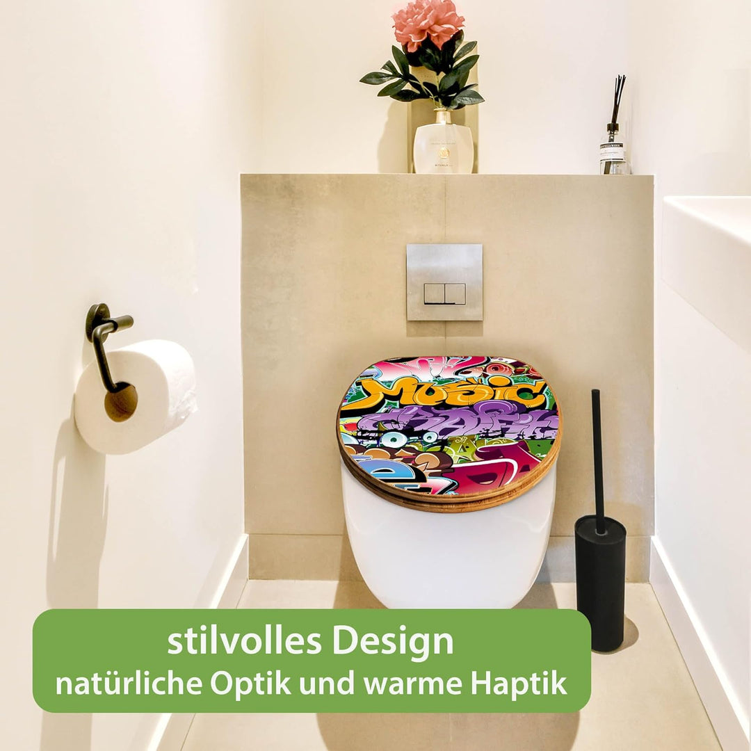 banjado® Design WC Sitz Bambus Absenkautomatik mit Motiv Graffiti/Toilettendeckel mit Absenkautomati