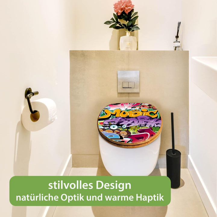 banjado® Design WC Sitz Bambus Absenkautomatik mit Motiv Graffiti/Toilettendeckel mit Absenkautomati