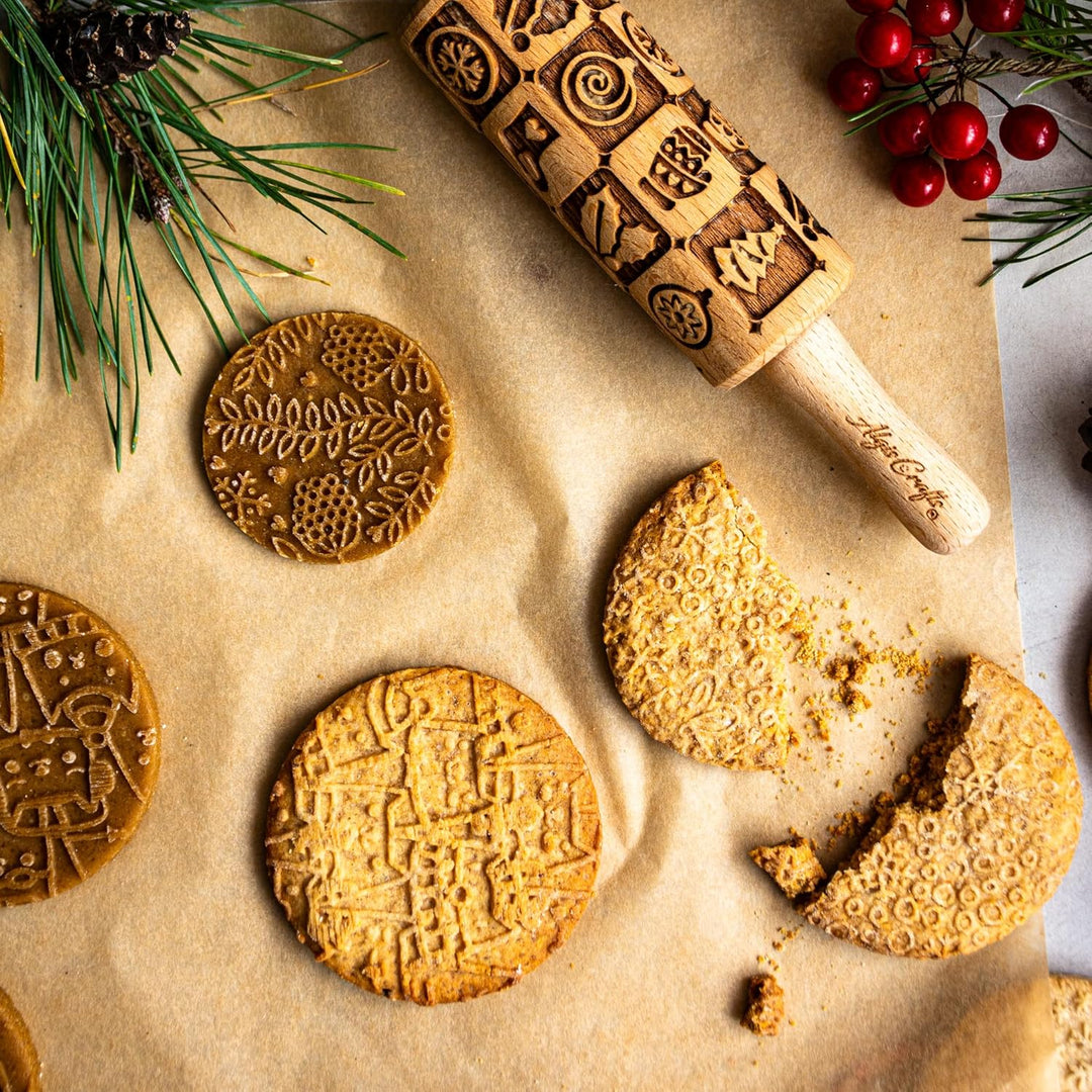 Kinder Nudelholz mit Muster WEIHNACHTSFEST Backen 3-er SET - Teigroller Holz für DIY Weihnachten Plä