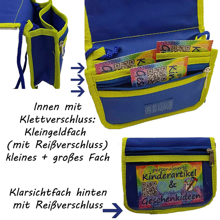 Kinder Brustbeutel mit Name und Schriftartwahl | Klettverschluss mit Schnur zum Umhängen und Klarsic