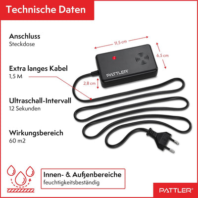 PATTLER® Marderschreck mit Stecker für 60m² - perfekt für Dachboden, Haus, Garten, Garage - Anschlus