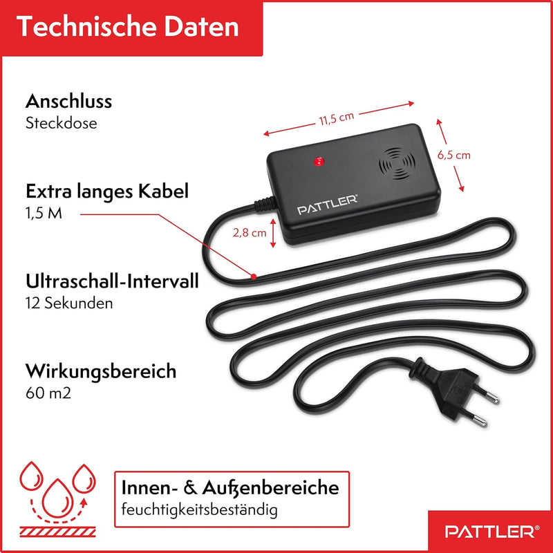 PATTLER® Marderschreck mit Stecker für 60m² - perfekt für Dachboden, Haus, Garten, Garage - Anschlus
