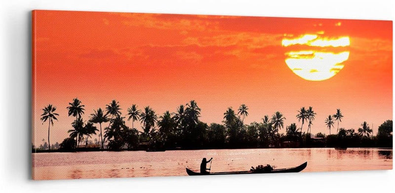 ARTTOR Bilder auf Leinwand 100x40cm Leinwandbild Kanal boot kultur sonnenuntergang Gross Wanddeko Bi