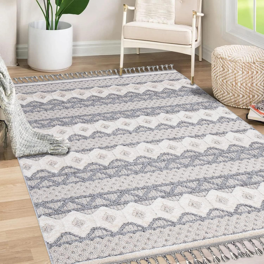 payé Teppich Wohnzimmer - Geometrische Muster - 80x150cm Grau Blau - Fransen Deko Boho Flauschig - C