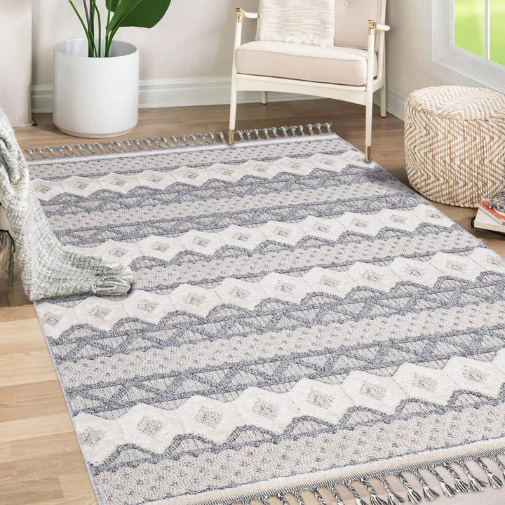 payé Teppich Wohnzimmer - Geometrische Muster - 80x150cm Grau Blau - Fransen Deko Boho Flauschig - C