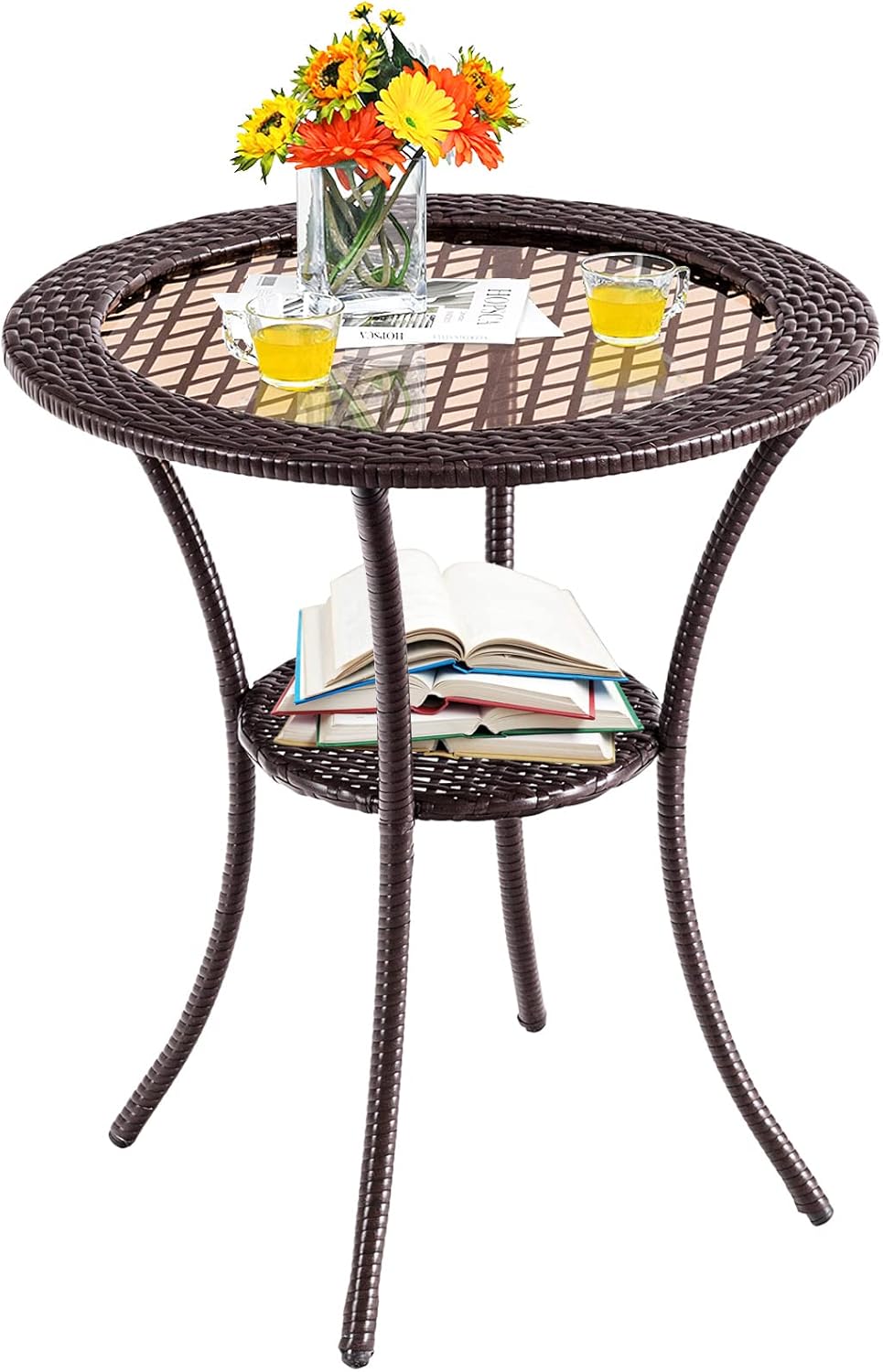 GIANTEX Rattan Bistrotisch Gartentisch, Balkontisch rund Couchtisch 2 Ebenen, Glastisch Terrassentis
