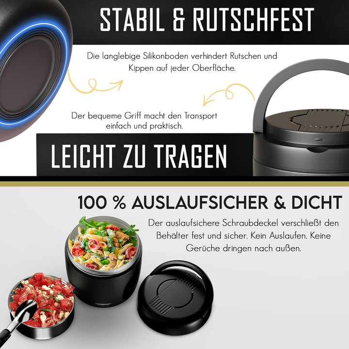 HEEMBURG Thermobehälter für Essen, Henkelmann 1L, Edelstahl, Doppelwand isoliert, Lunchbox Warmhalte