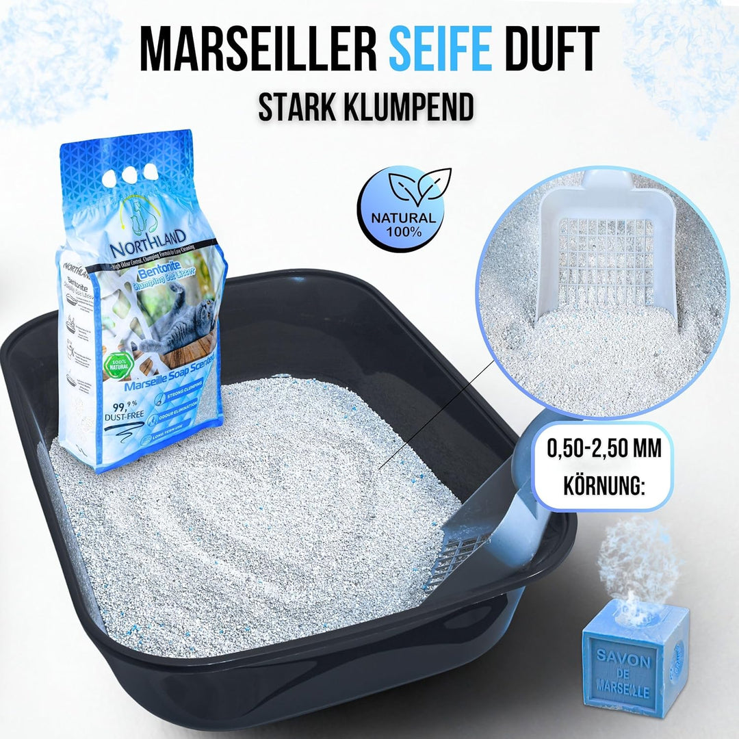 Katzenstreu Marseiller Seife Duft 10L | 100% Natürlich & 99,9% Staubfrei | Extra Stark Klumpend & Ge