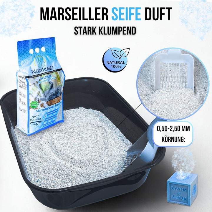 Katzenstreu Marseiller Seife Duft 10L | 100% Natürlich & 99,9% Staubfrei | Extra Stark Klumpend & Ge