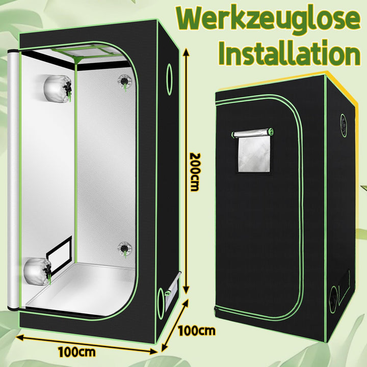 Ikodm Growzelt, 100x100x200 cm Growbox, 600D Oxford Grow Tent, Lichtdicht und Wasserdicht Growschran