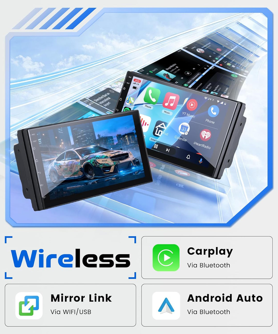 Rimoody 4G+64G Wireless Carplay Android 13 Autoradio 2 Din 7 Zoll Touchscreen Autoradio mit Android