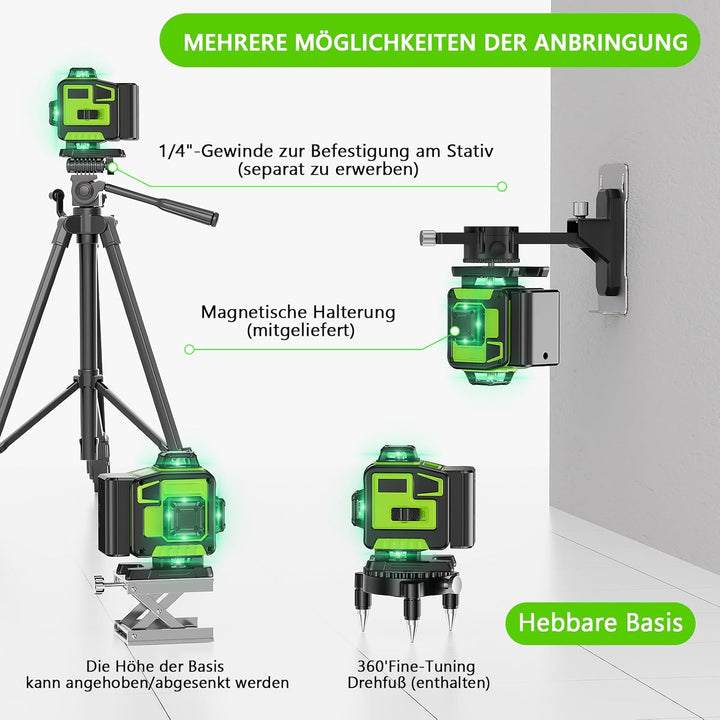 Kreuzlinienlaser Grün 16 Linien Nivellierlaser, 4 x 360 ° Laser Wasserwaage, Linienlaser Kreuzlaser