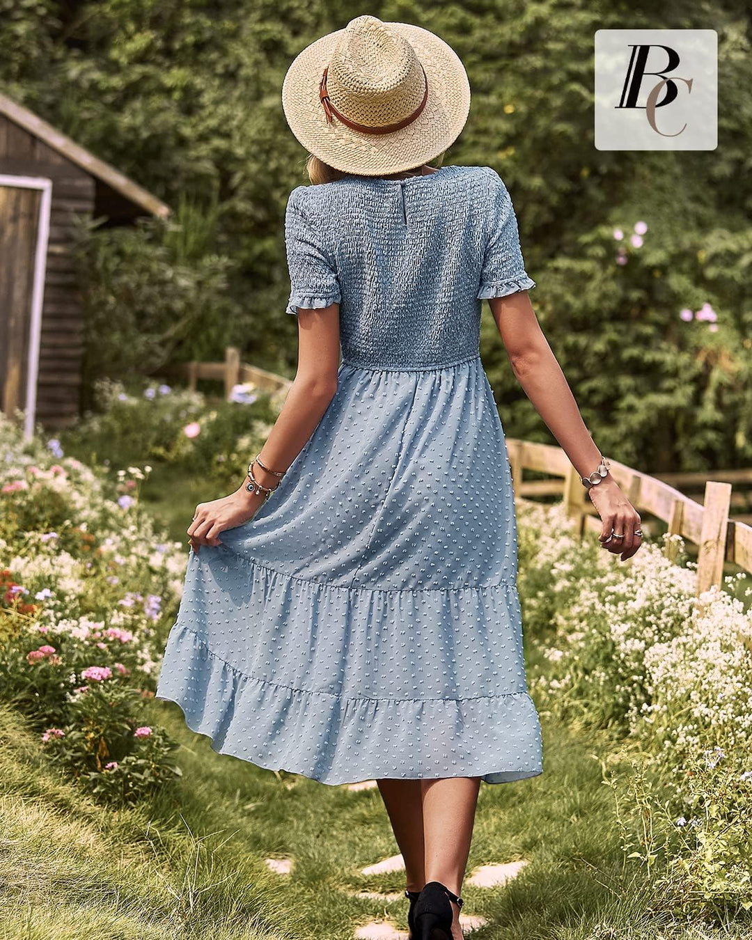 BebreezChic Damen Sommerkleid Rundhals Kurzarm Puffärmel Gerüschter Gerafftes Freizeitkleid mit Hohe