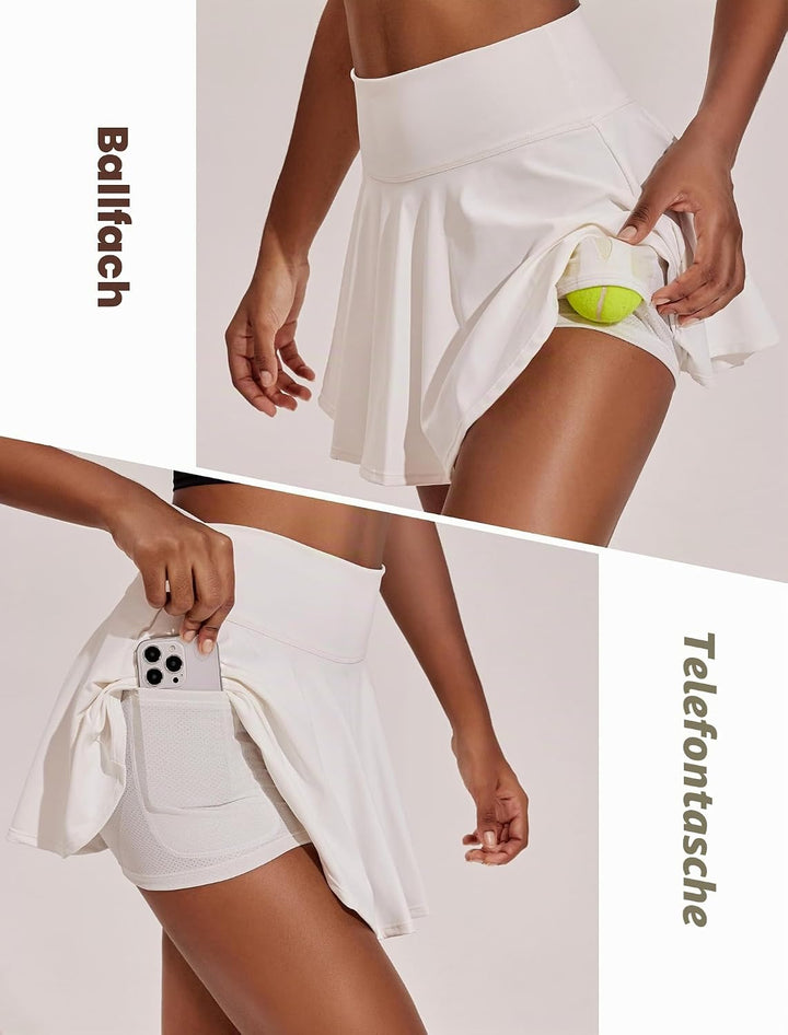 PINSPARK Damen Plissiert Tennis Skort hohe Taille mit Innen-Shorts Taschen | Weiches elastisches Mat