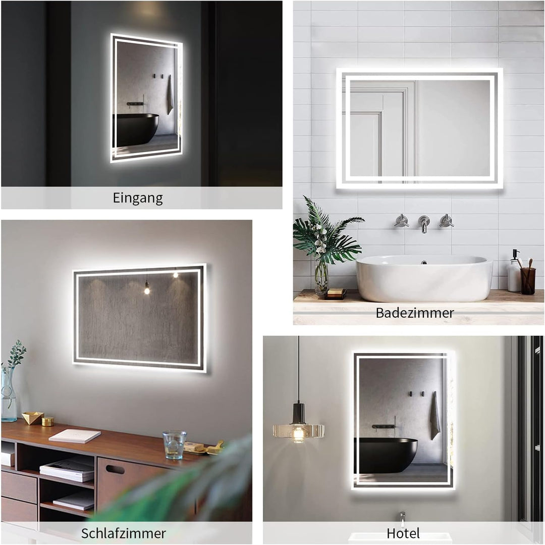 Boromal Badspiegel mit Beleuchtung 60x40cm Wandschalter Badezimmerspiegel Horizontal/Vertikal 6500K