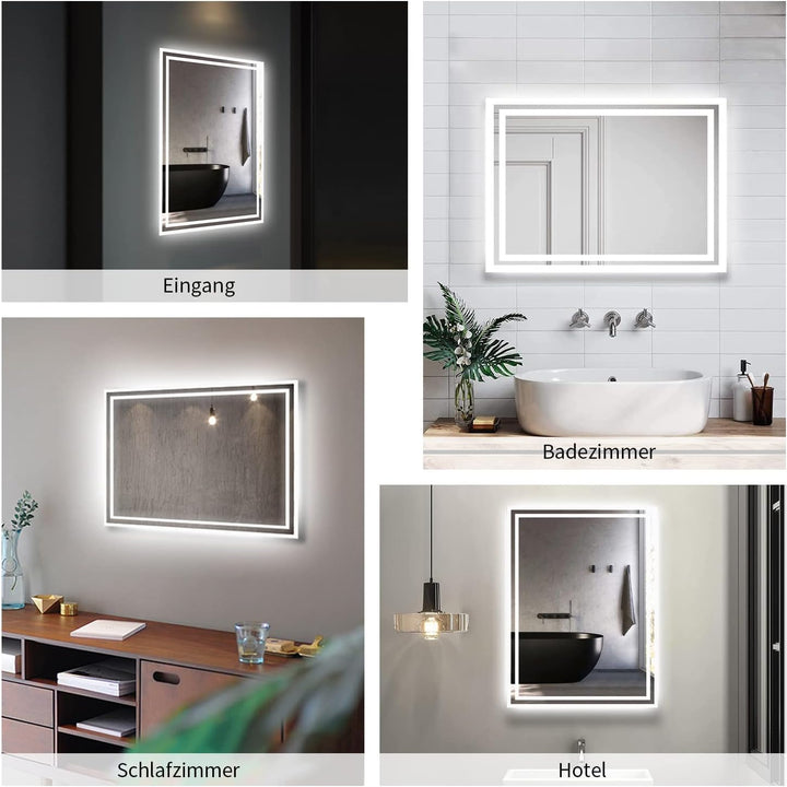 Boromal Badspiegel mit Beleuchtung 60x40cm Wandschalter Badezimmerspiegel Horizontal/Vertikal 6500K