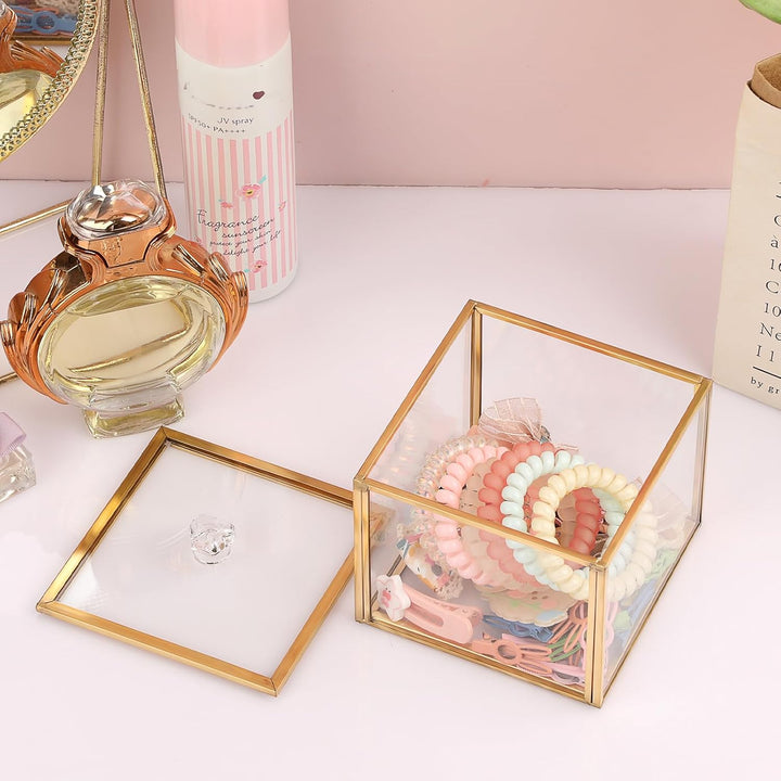 Glas Wattepad Spender Schmuckschatulle mit Glasdeckel Gold Wattestäbchenbehälter Wattepads Behälter