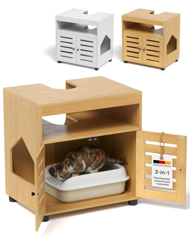 Katzenschrank für Katzenklo – Stilvoller Waschbeckenunterschrank/Katzenmöbel mit flexiblem Einstieg
