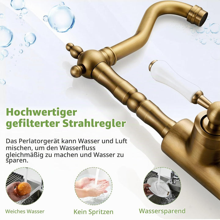 Wasserhahn Küche Antik, Wasserhahn Bad 360° Drehbar, Waschtisch Armaturen Badezimmer Gold Retro, Bad