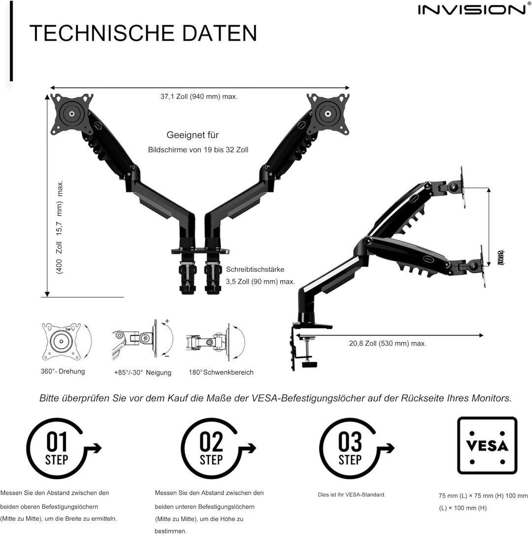 Invision Monitor Halterung 2 Monitore für 19 bis 32-Zoll-Bildschirme – VESA 75 &amp; 100 mm Schreibtisch