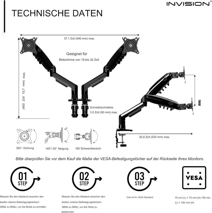 Invision Monitor Halterung 2 Monitore für 19 bis 32-Zoll-Bildschirme – VESA 75 &amp; 100 mm Schreibtisch