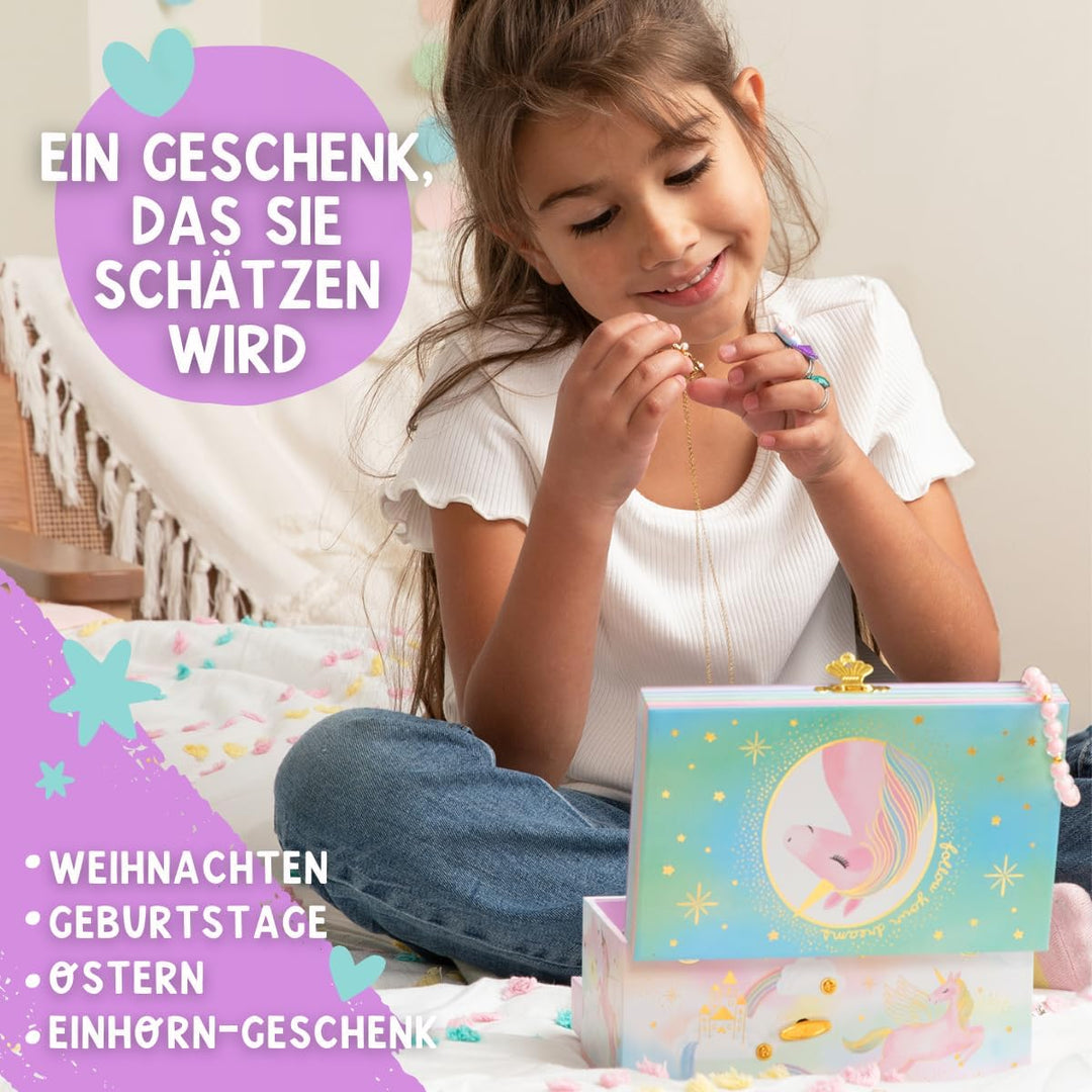 Musikalisches Einhorn-Schmuckkästchen für Mädchen – Kinder tanzende Einhorn-Spieluhr mit Spiegel, Ei