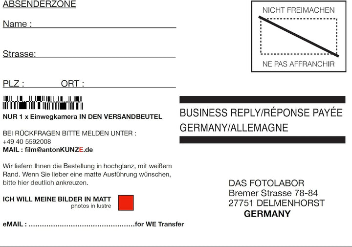 Schwarz/Weiss Foto Komplett Entwicklung per Post - für Kleinbild Schwarz/Weiss Negativ Film bis zu 3
