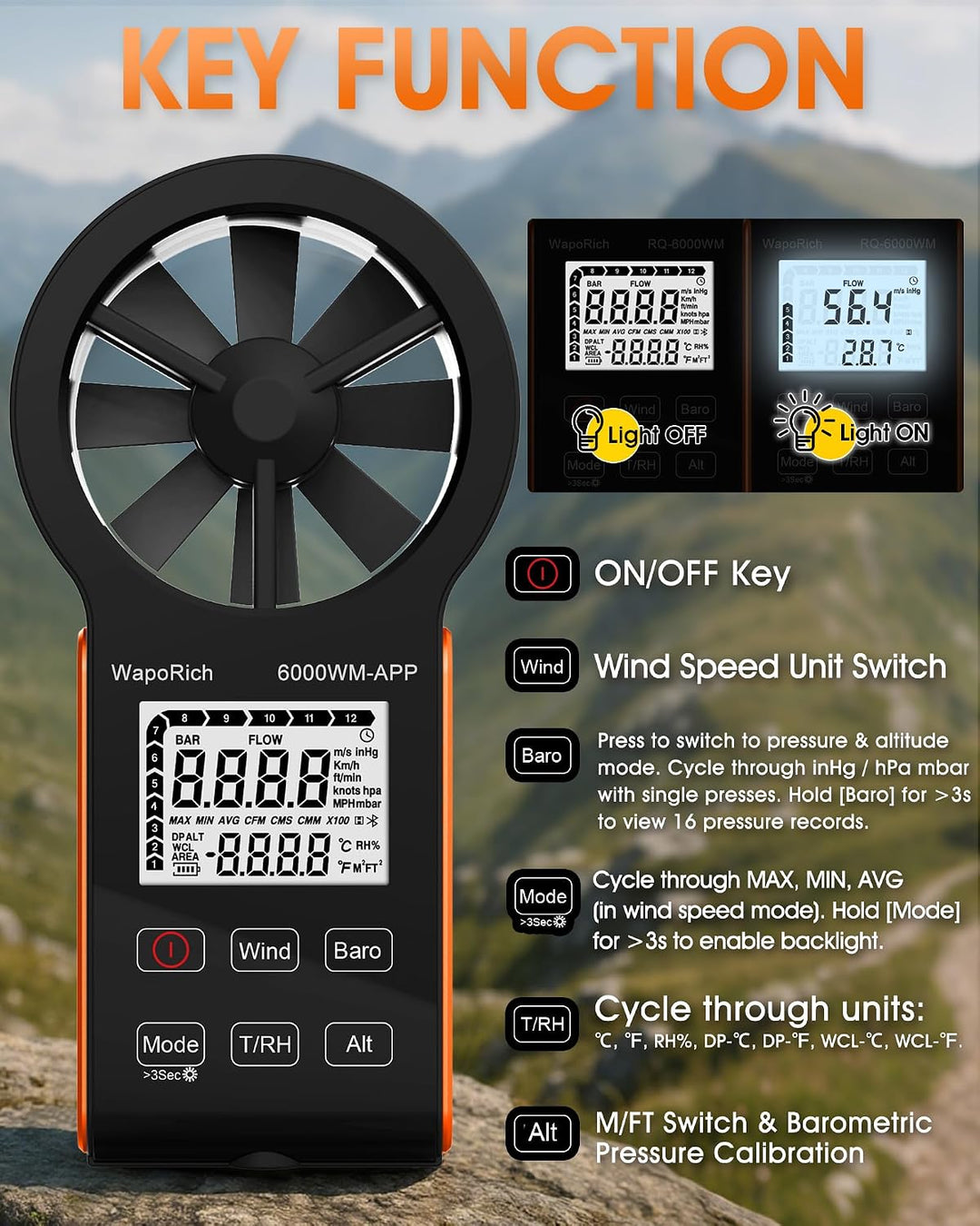 Bluetooth Anemometer, WapoRich 7-in-1 Windmesser Windmessgerät mit Luftdruck/Temperatur/Luftfeuchtig