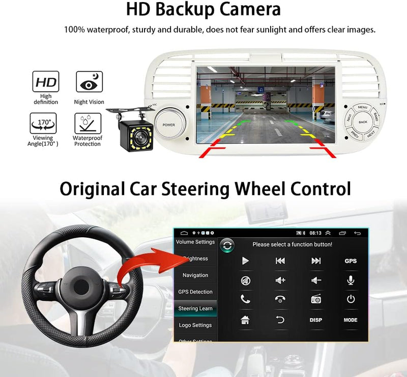 7-Zoll Doppel Din Android Autoradio für FIAT 500 2007 2008 2009 2010 2011 2012 2013 2014 2015 Touchs