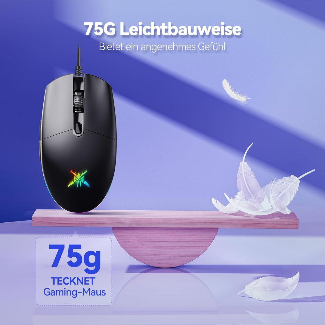 TECKNET RGB Gaming Maus mit Kabel, 10000 DPI Kabelgebundene Mäuse mit 6 Programmierbare Tasten und A