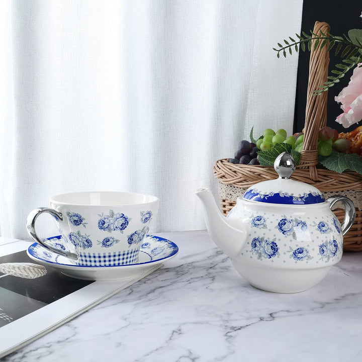 fanquare Vintage Blaue Blumen Tea for One Set, Tupfen Porzellan Kaffeetassen Set mit Teekanne, Tasse