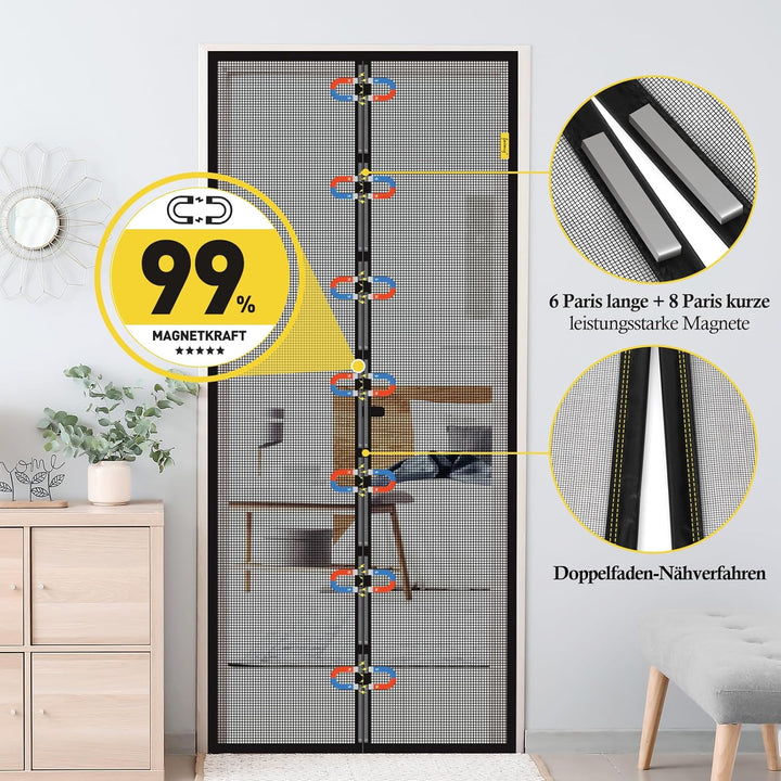 fowong Fliegengitter Tür Magent 80x200 cm, 10x Reissfeste Nanogitter 80x200 cm Schwarz-mittig, 80x20