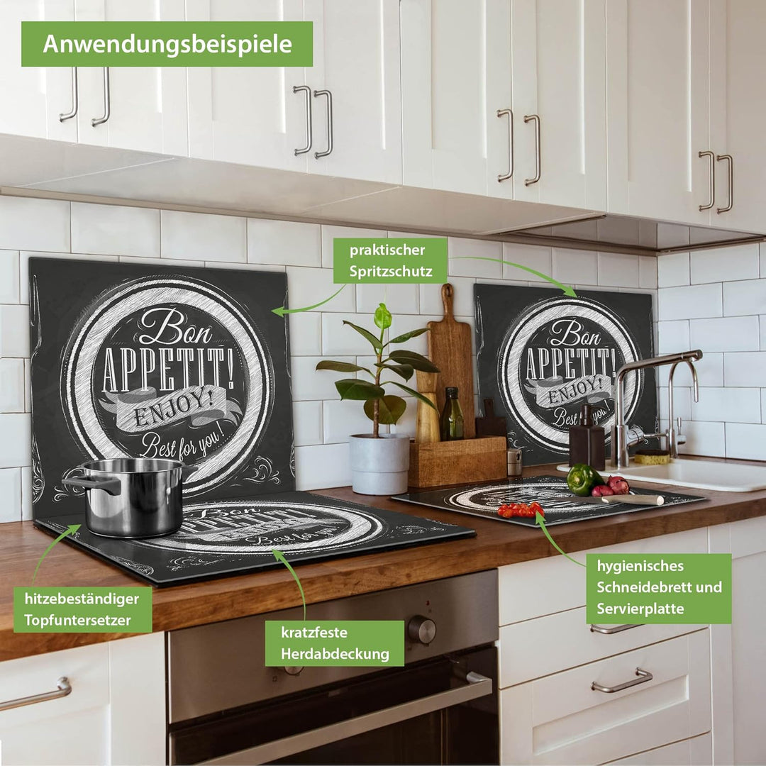 banjado® Herdabdeckplatte Glas 1-teilig 60x52 cm/Schneidebrett Herdabdeckung mit Motiv Bon Appetit/H