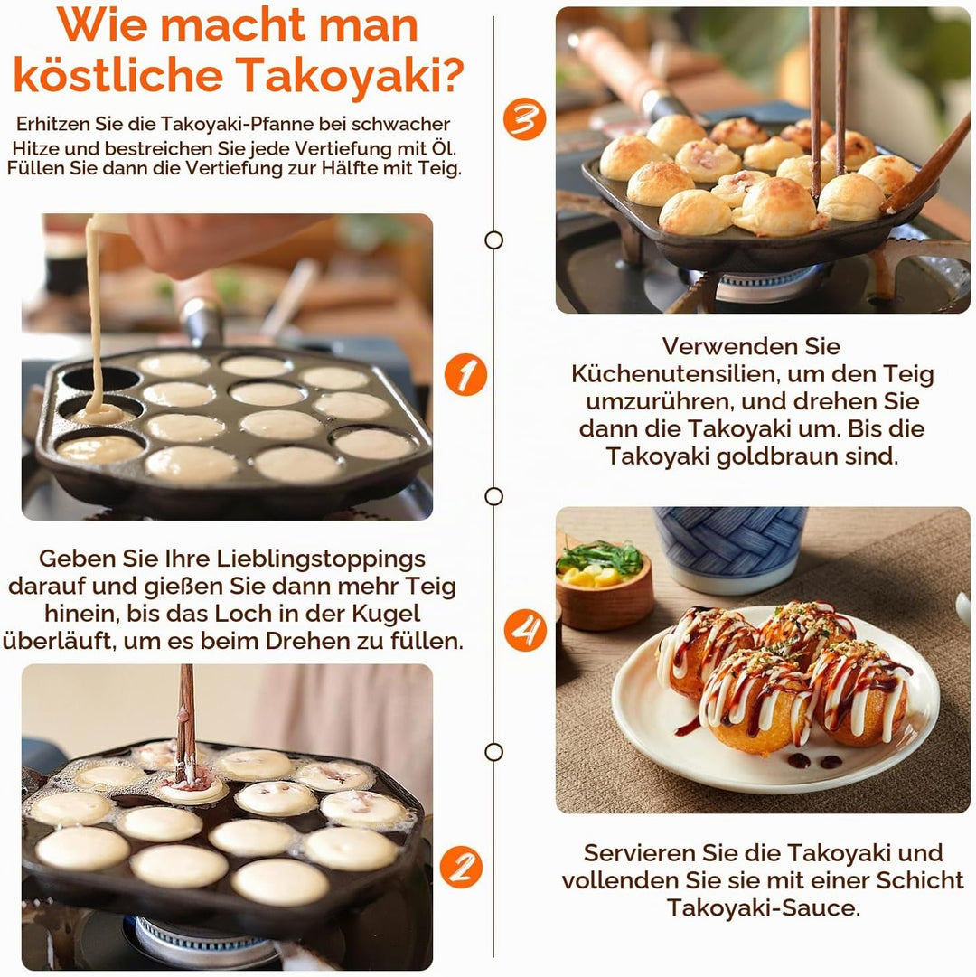 Tissting Takoyaki Pfanne Grillpfanne 14 Löcher 3,6cm Loch Antihaft Gusseisen Oktopus Pan mit Abnehmb